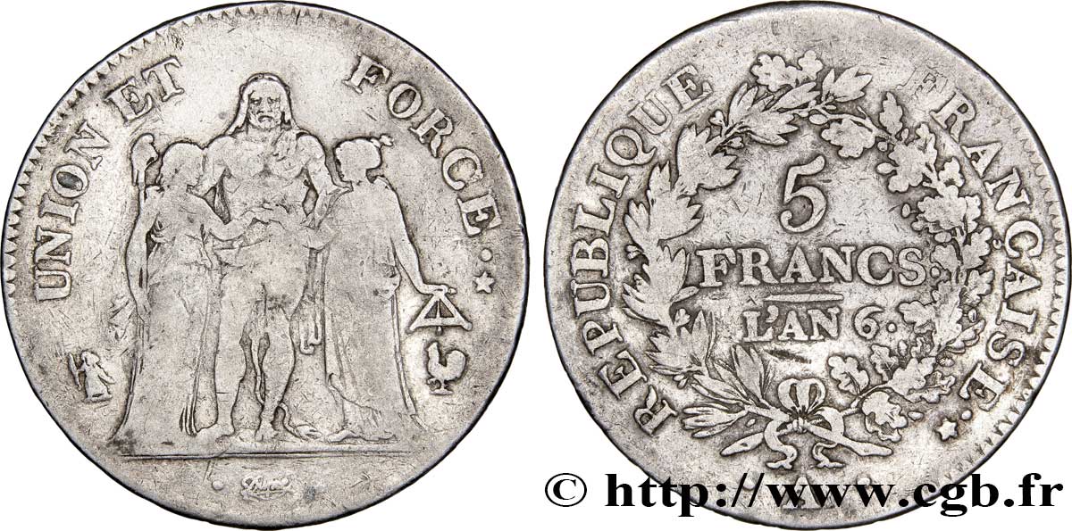 5 francs Union et Force, Union serré, avec glands intérieurs et gland extérieur 1798 Paris F.288/42 TB 