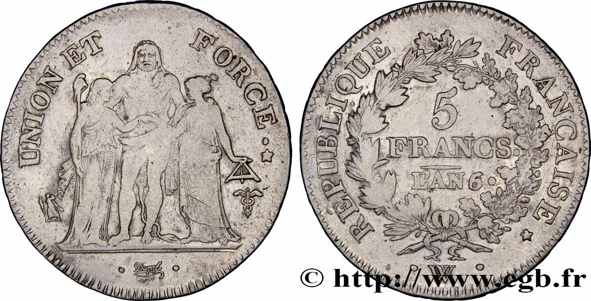 5 francs Union et Force, Union serré, seulement gland extérieur 1798 Lille F.288/92 VF 
