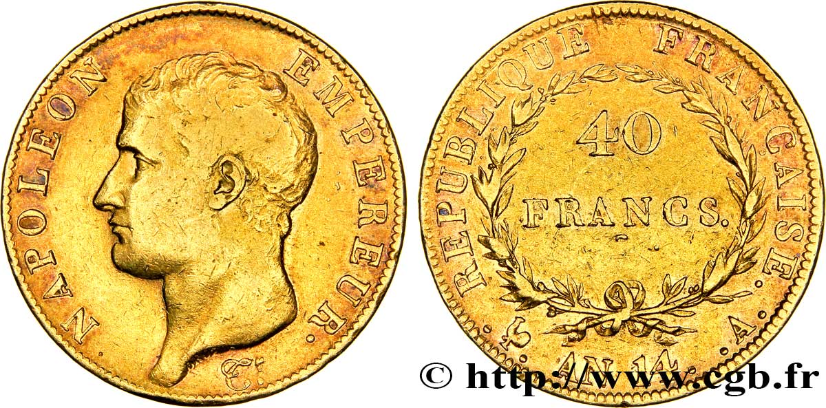 40 francs or Napoléon tête nue, Calendrier révolutionnaire 1805 Paris F.537/2 XF 