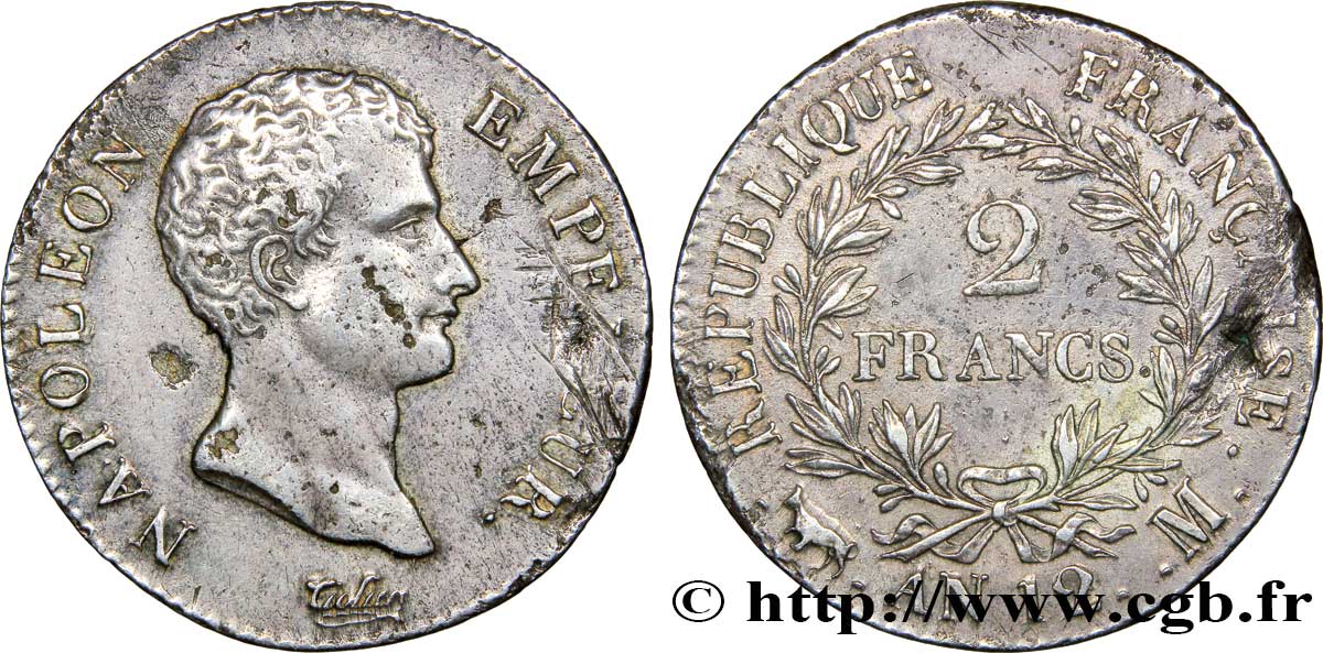 2 francs Napoléon Empereur, Calendrier révolutionnaire 1804 Toulouse F.251/8 BB 