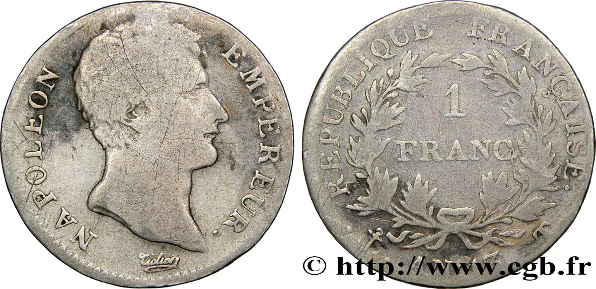 1 franc Napoléon Empereur, Calendrier révolutionnaire 1805 Nantes F.201/26 VG 