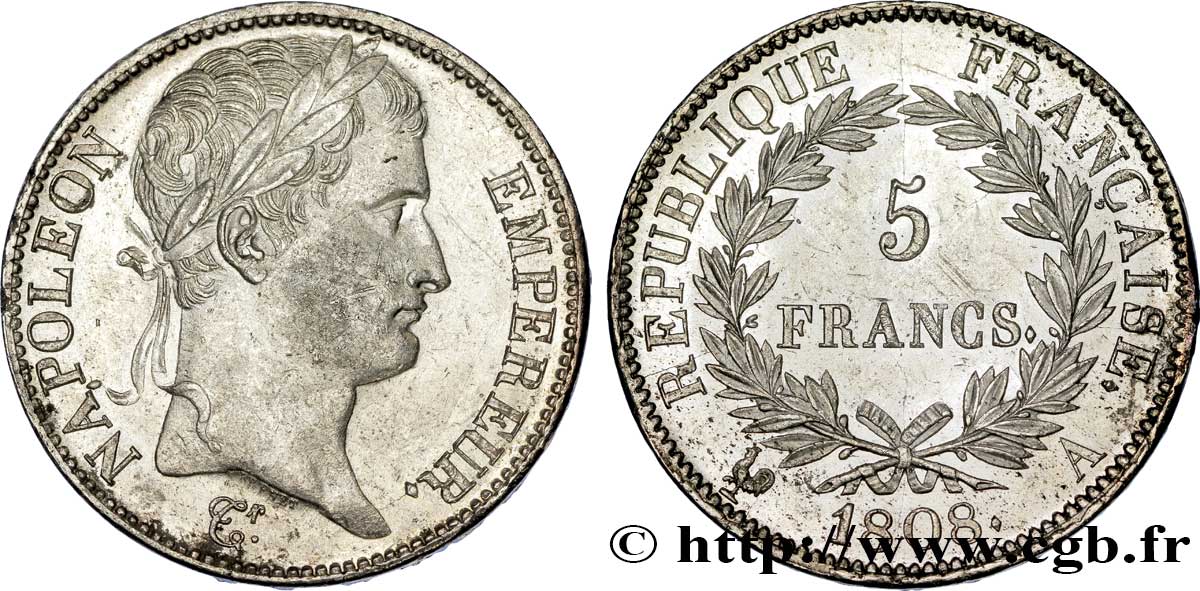 5 francs Napoléon Empereur, République française 1808 Paris F.306/2 SPL 