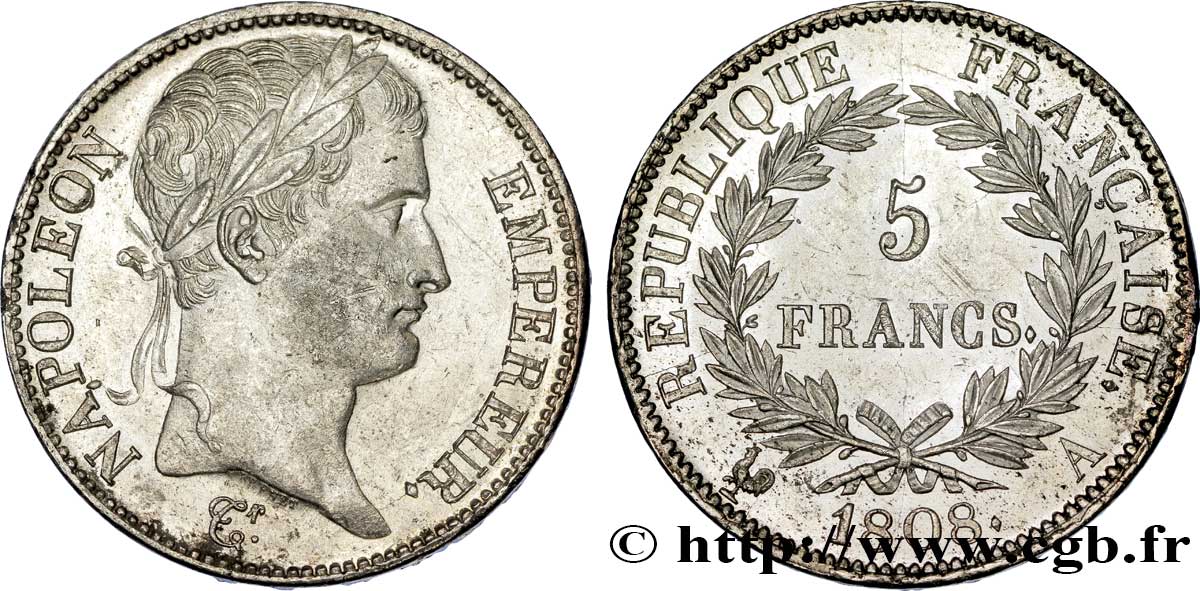 5 francs Napoléon Empereur, République française 1808 Paris F.306/2 AU 