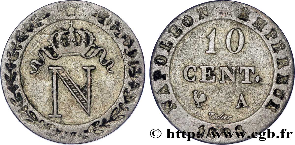 10 cent. à l N couronnée, frappe médaille 1808 Paris F.130/2 var. TTB 