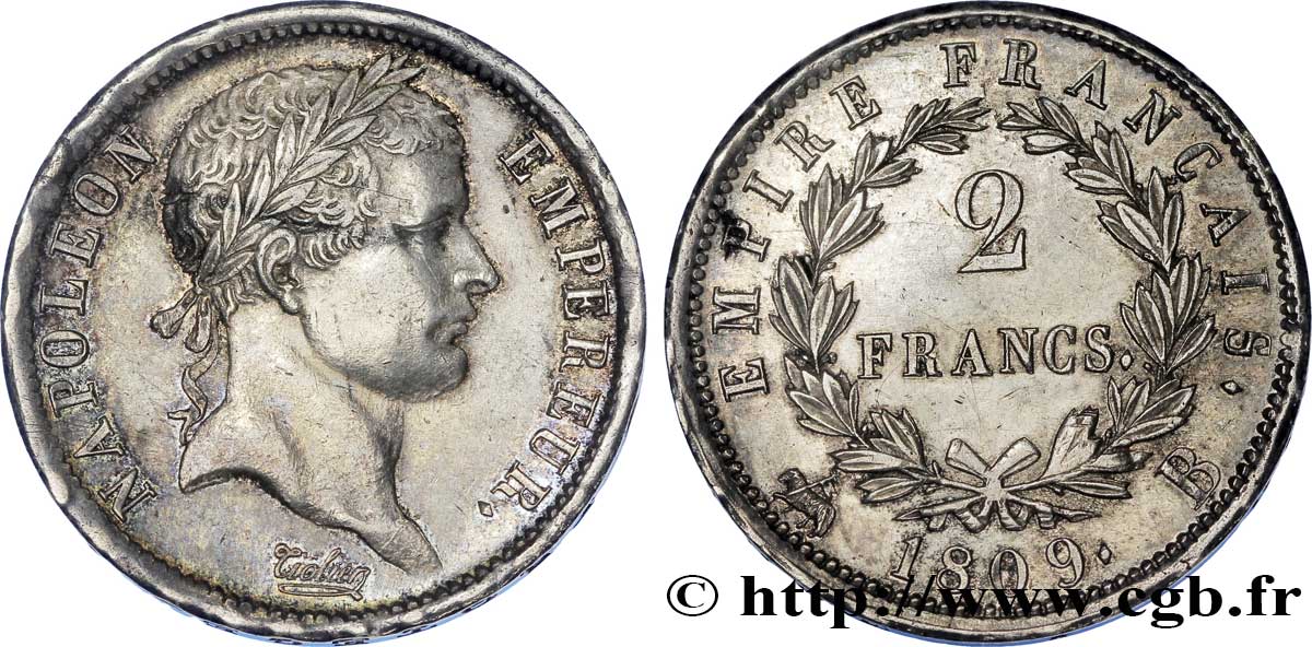2 francs Napoléon Ier tête laurée, Empire français 1809 Rouen F.255/2 SUP 