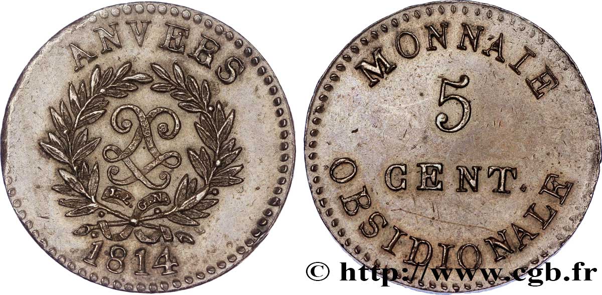 5 cent. Anvers au double L, frappe de l’arsenal de la marine 1814  Anvers F.115E/1 var. SUP 