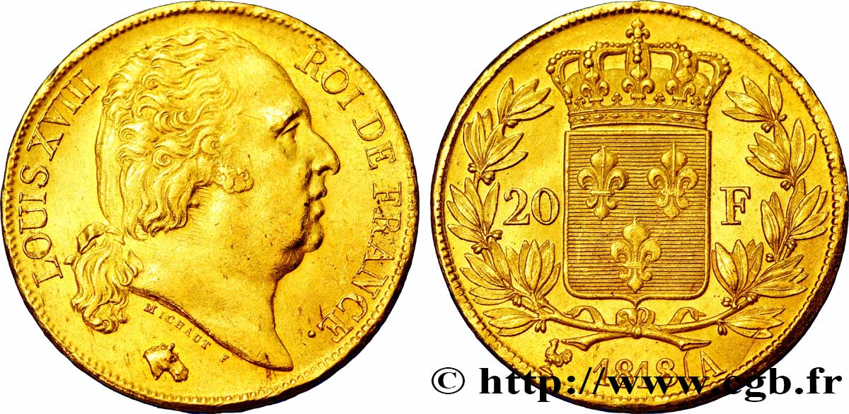 20 francs or Louis XVIII, tête nue 1818 Paris F.519/10 EBC 
