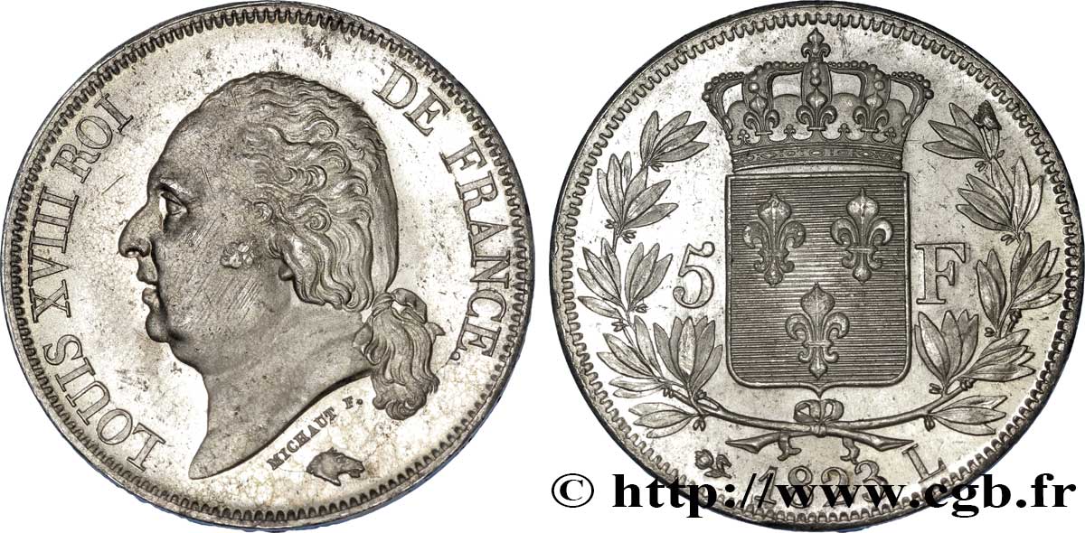 5 francs Louis XVIII, tête nue 1823 Bayonne F.309/83 AU 