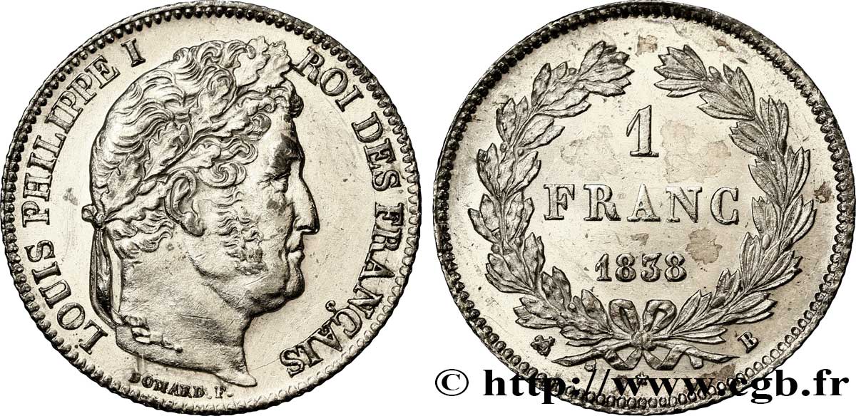 1 franc Louis-Philippe, couronne de chêne 1838 Rouen F.210/63 SUP 