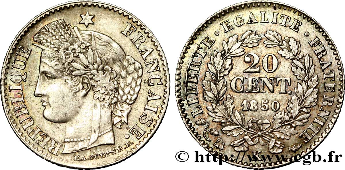 20 centimes Cérès, IIe République, oreille basse 1850 Bordeaux F.146/5 TTB 