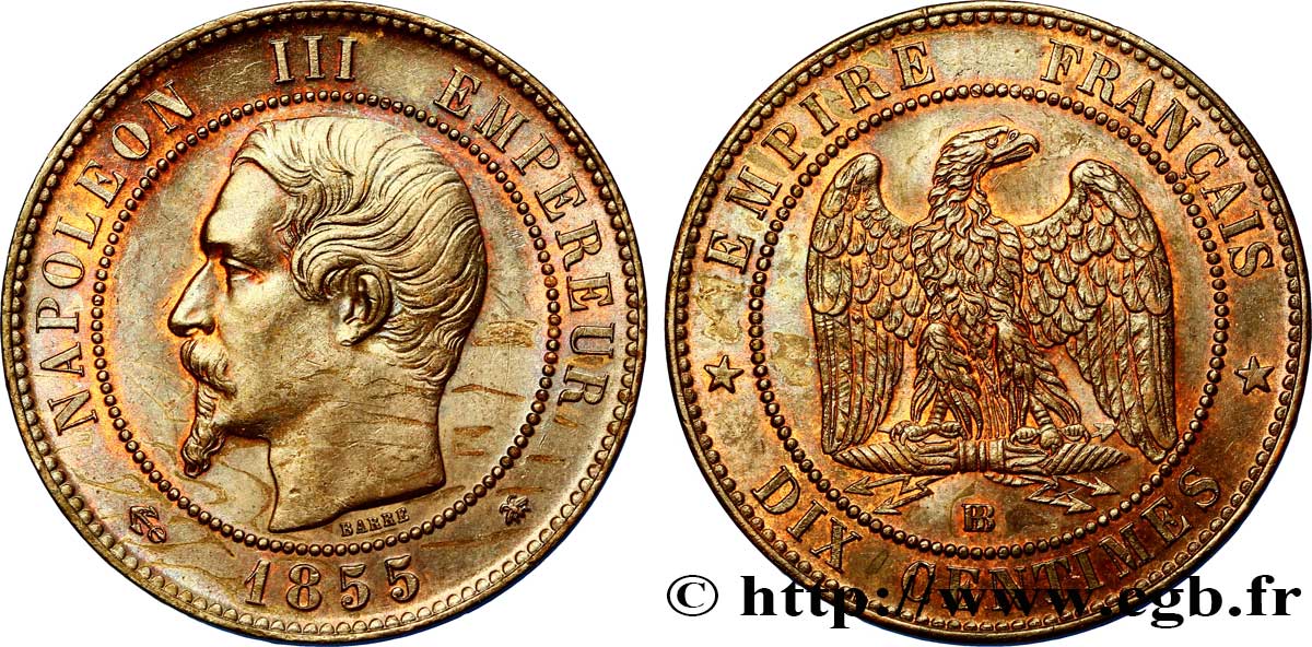 Dix centimes Napoléon III, tête nue, différent ancre 1855 Strasbourg F.133/24 AU 