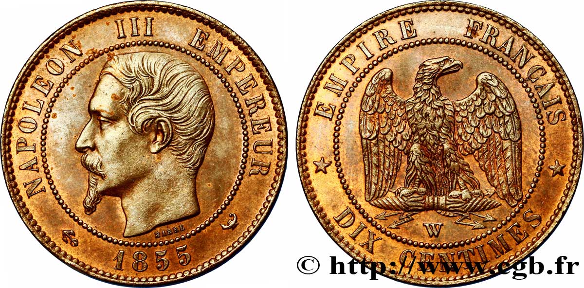 Dix centimes Napoléon III, tête nue, différent ancre 1855 Lille F.133/33 VZ 