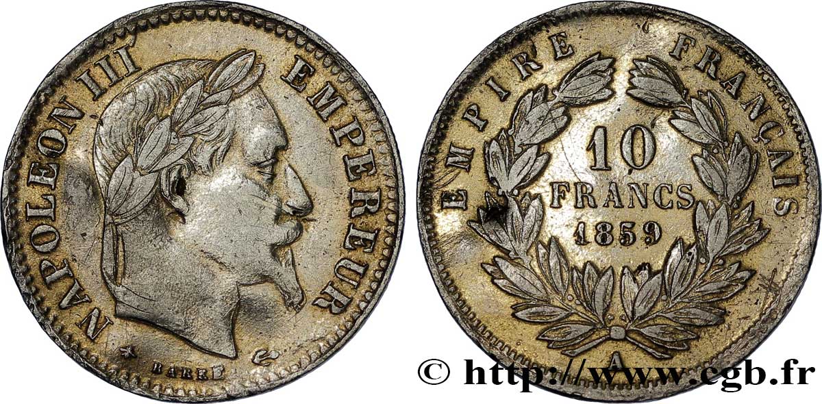 Faux en platine de 10 francs or Napoléon III, tête laurée, grand module 1859 Paris F.506/7 var. TTB 