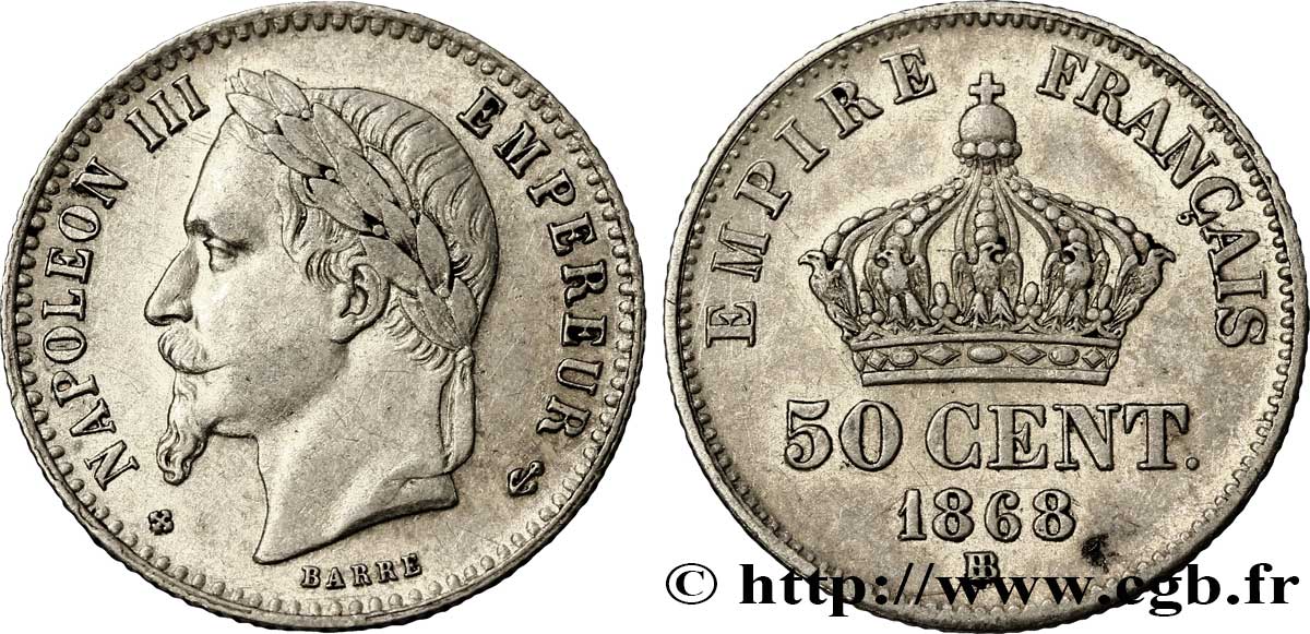 50 centimes Napoléon III, tête laurée 1868 Strasbourg F.188/21 SPL 