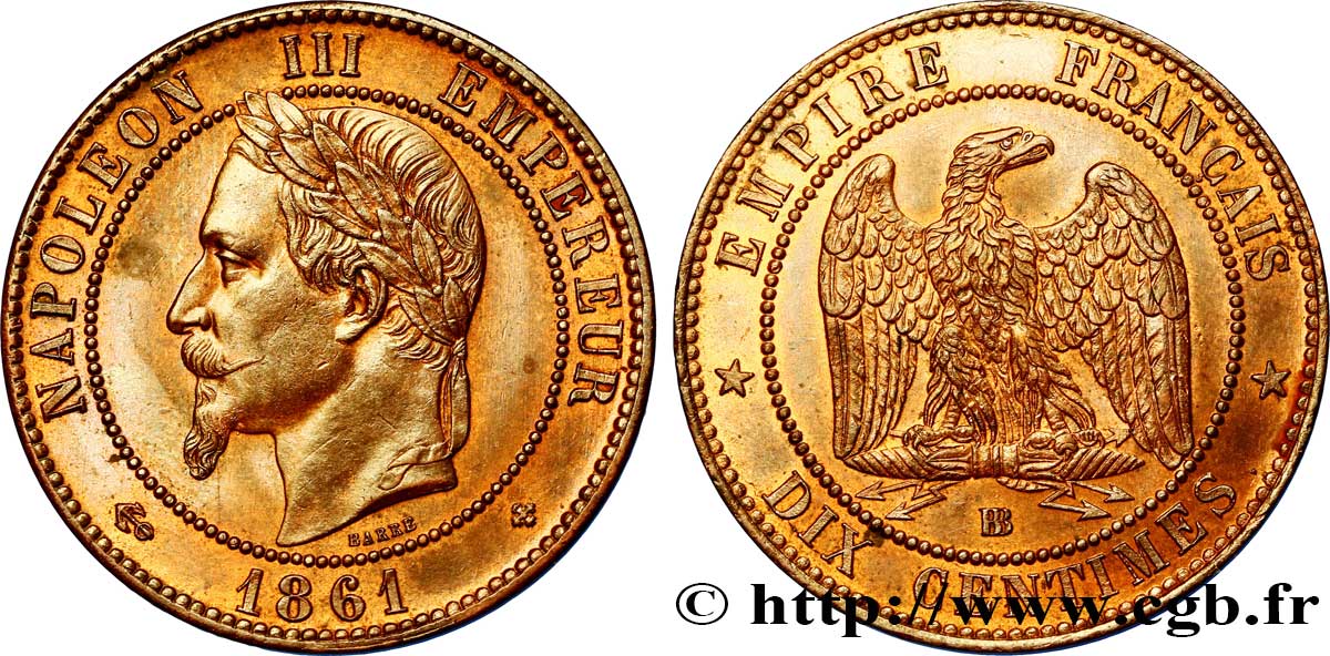 Dix centimes Napoléon III, tête laurée 1861 Strasbourg F.134/5 EBC 