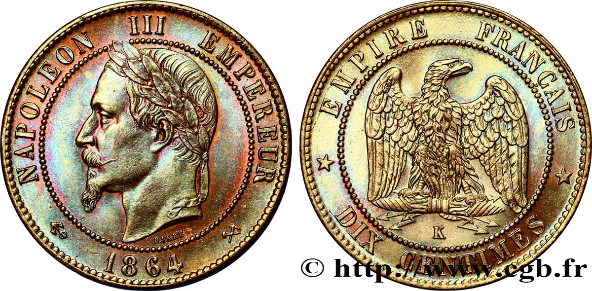Dix centimes Napoléon III, tête laurée 1864 Bordeaux F.134/15 fST 