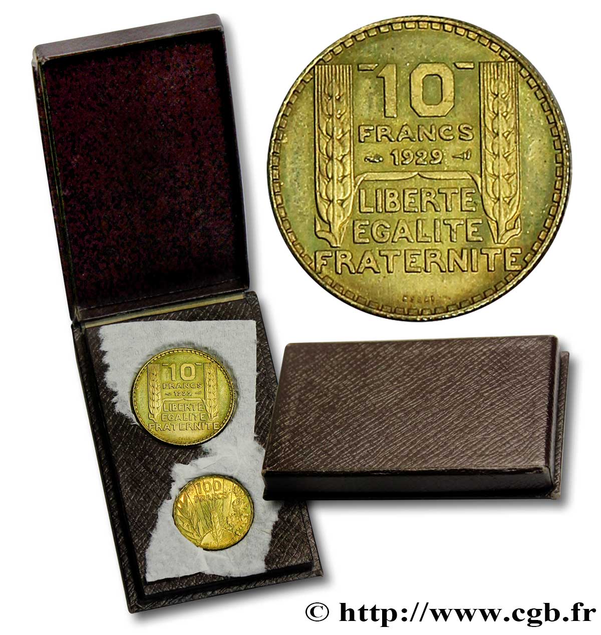 Concours monétaire de 1929, boîte de 2 essais, 100 francs Bazor et 10 francs Turin en bronze-aluminium 1929 Paris F.360/1 var. fST 