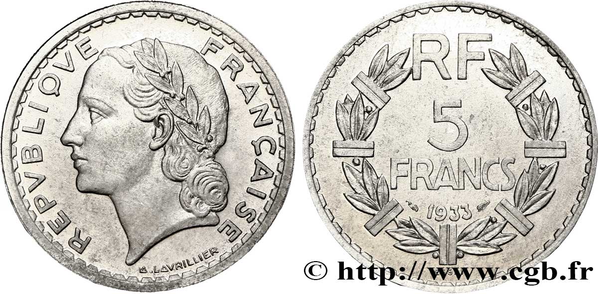 Essai de 5 francs Lavrillier, en aluminium, très lourd 1933 Paris Maz.-  SC 