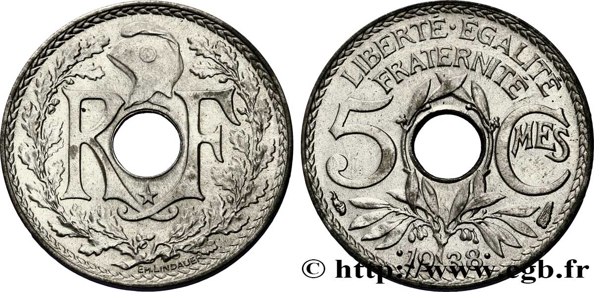 5 centimes Lindauer, maillechort, avec étoile 1938 Paris F.123/1 SPL 