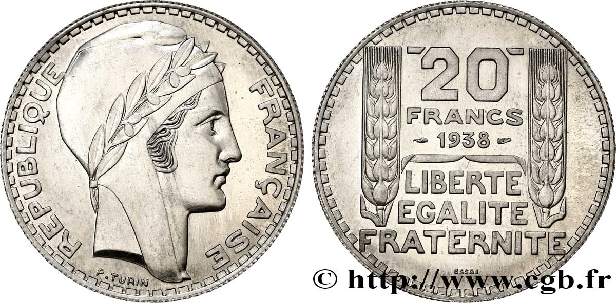 Préparation de la 20 francs Pétain, type Turin, essai en aluminium, tranche striée, 5,30 g 1938 Paris VG.cf. 5489 B SPL 