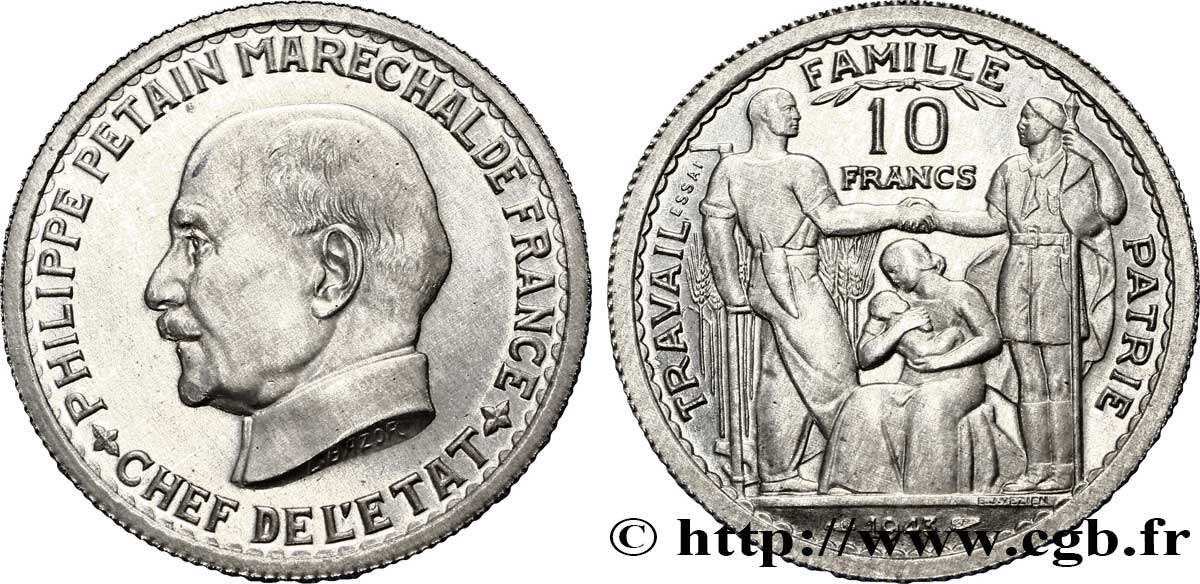 Essai de 10 francs Pétain en aluminium de Bazor/Vézien 1943 Paris G.809 var SC 
