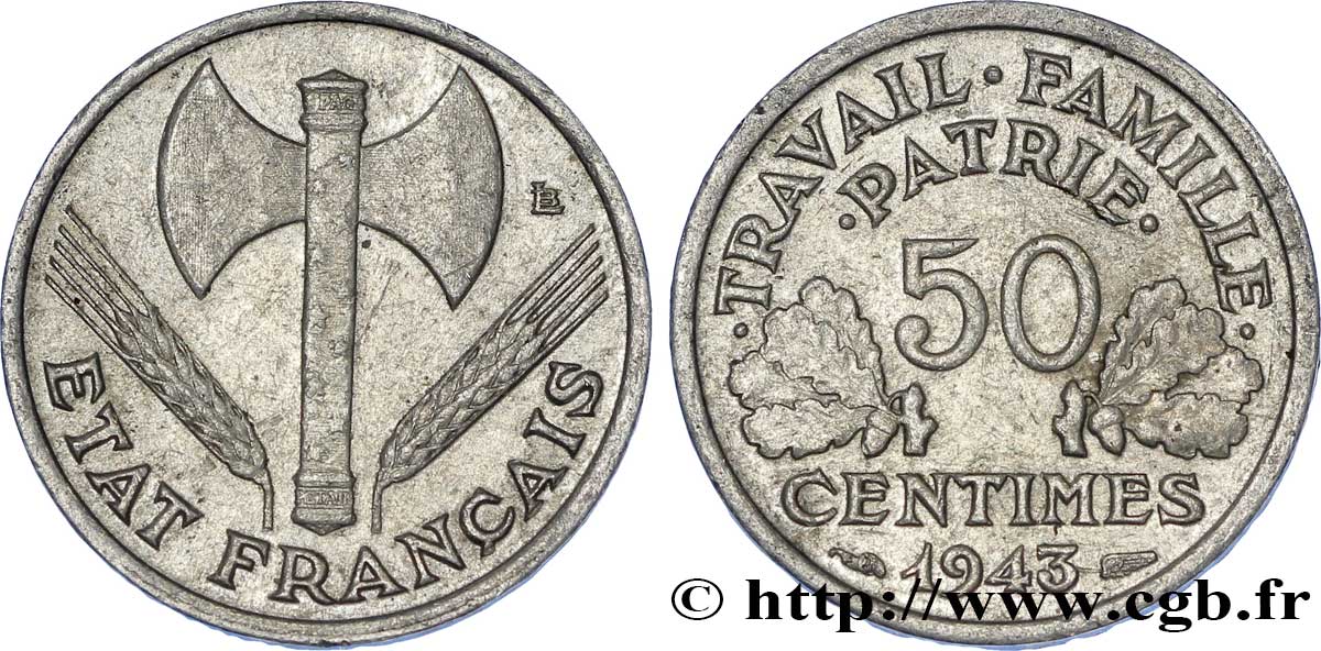 50 centimes Francisque, légère, axe à 3h 1943 Paris F.196/2 var. TTB 