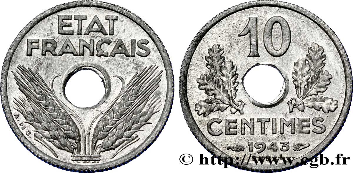 Essai de 10 centimes État français, petit module 1943 Paris F.142/1 MS 