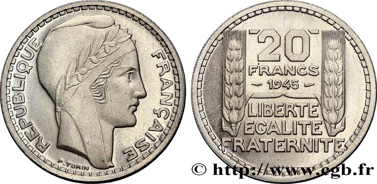 Essai de 20 francs Turin en cupro-nickel, rameaux courts 1945 Paris Maz.2745  ST 