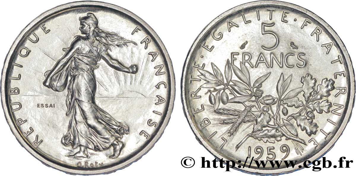 Essai de 5 francs Semeuse, argent, grand 5 1959  F.340/1 SPL 
