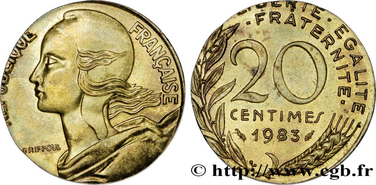 20 centimes Marianne, frappe fautée sur flan de 10 centimes Marianne 1983 Pessac F.156/23 var. SUP 