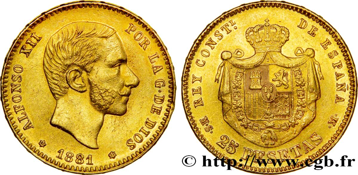 ESPAGNE - ROYAUME D ESPAGNE - ALPHONSE XII 25 pesetas or, tête âgée 1881 Madrid VZ 