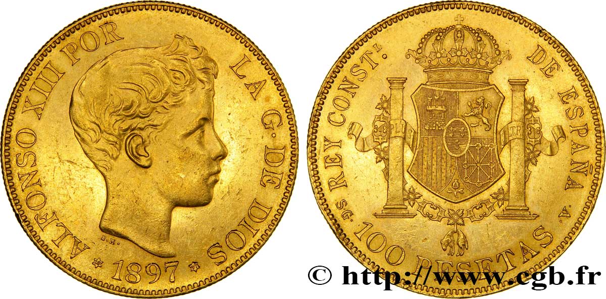 ESPAGNE - ROYAUME D ESPAGNE - ALPHONSE XIII 100 pesetas or 1897 Madrid AU 