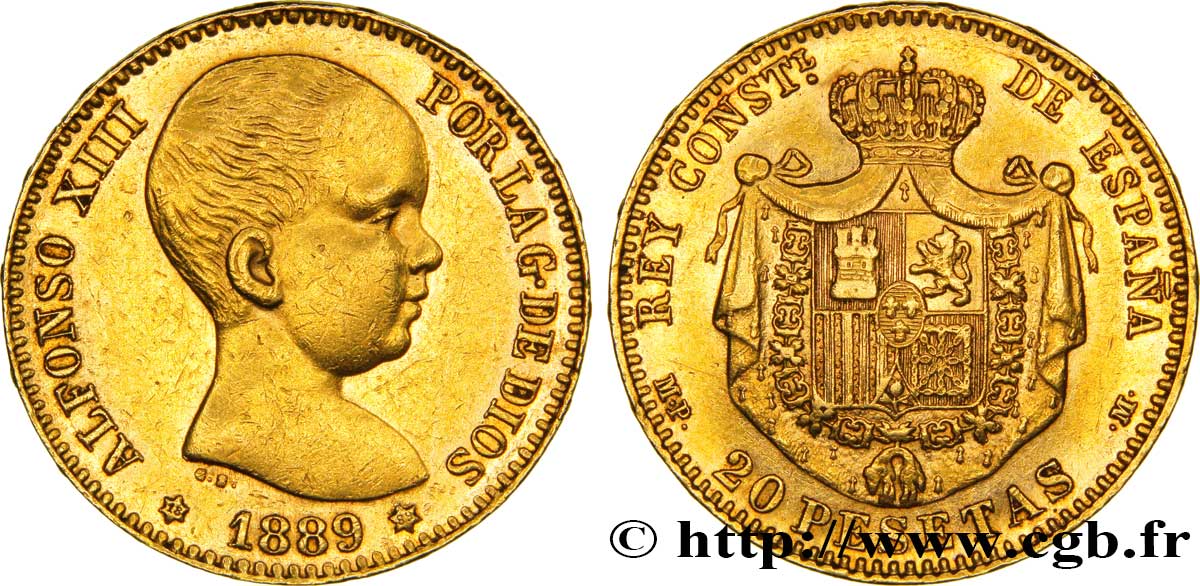 ESPAGNE - ROYAUME D ESPAGNE - ALPHONSE XIII 20 pesetas or 1889 Madrid AU 
