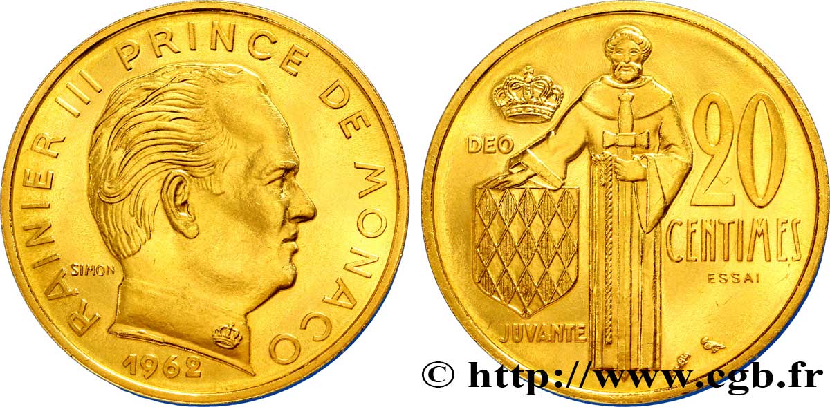 MONACO - PRINCIPALITY OF MONACO - RAINIER III Essai de 20 centimes en or 1962 Paris MS 