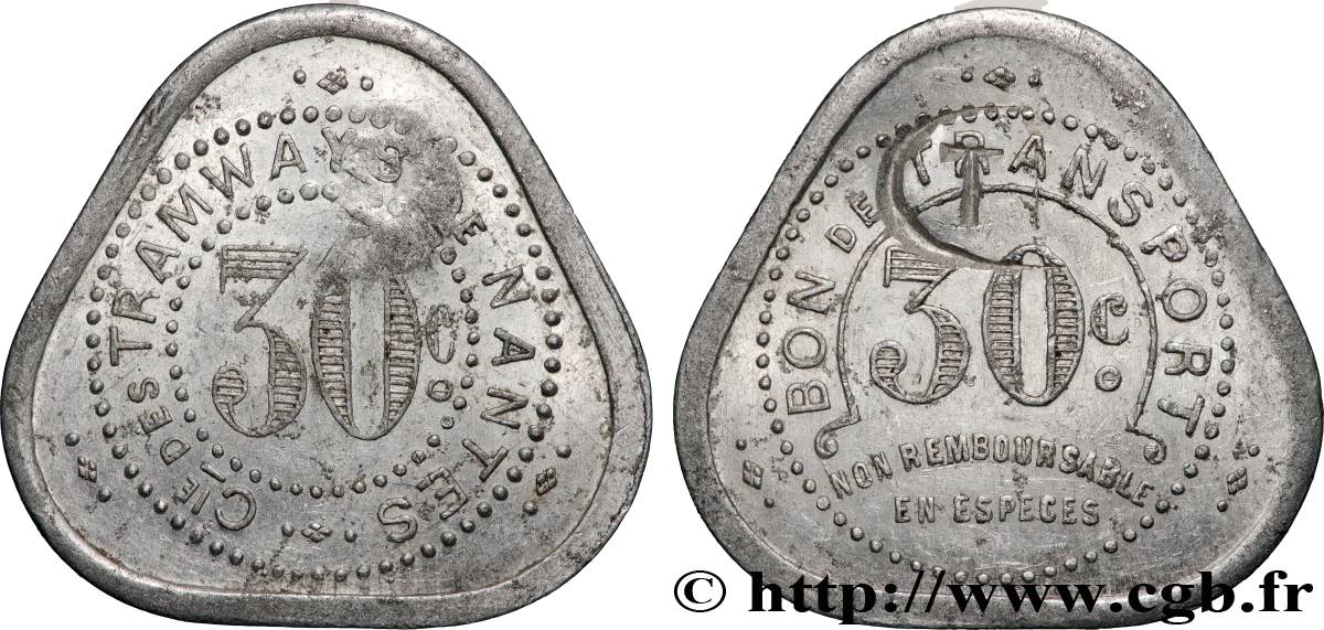 TRANSPORTS (TRAINS, BUS, TRAMWAYS, BATEAUX...) 30 Centimes-  Compagnie de Tramways de Nantes AU