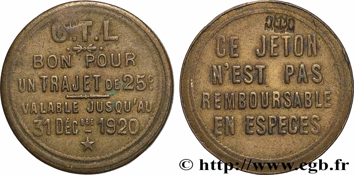 O.T.L. (La compagnie des Omnibus et Tramways de Lyon) 25 Centimes Omnibus et Tramways de Lyon TTB