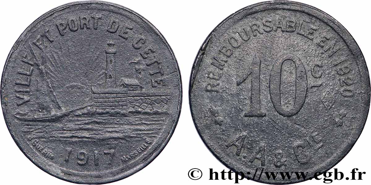 VILLES ET MAIRIES 10 Centimes Ville et port de Sète TB+