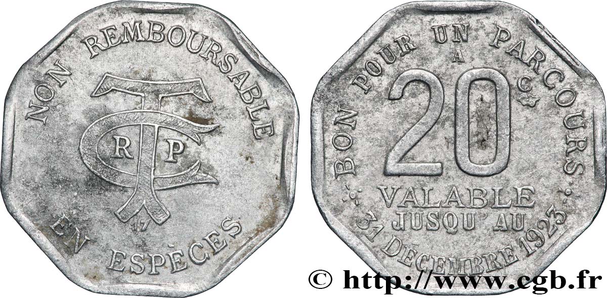 TRANSPORTS EN COMMUN REGION PARISIENNE 20 Centimes Société des Transports en Commun de la Région Parisienne XF