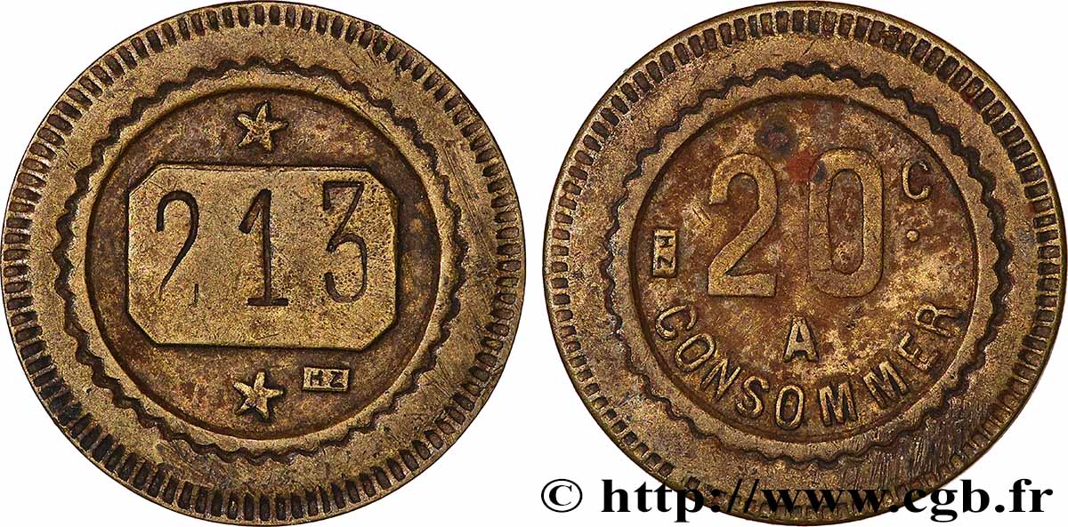 JETONS MACHINES Å SOUS ET ARCADES Bon à consommer de 20 Centimes contremarqué (Zimberlin) q.SPL