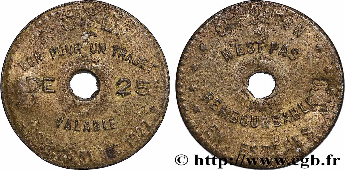 TRANSPORTS (TRAINS, BUS, TRAMWAYS, BATEAUX...) 25 Centimes - Trajet O.T.L (Omnibus Tramways de Lyon) VF