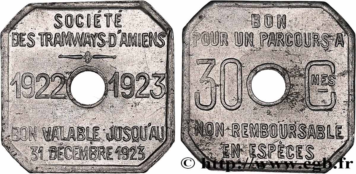 TRANSPORTS (TRAINS, BUS, TRAMWAYS, BATEAUX...) 30 Centimes Tramways d’Amiens EBC