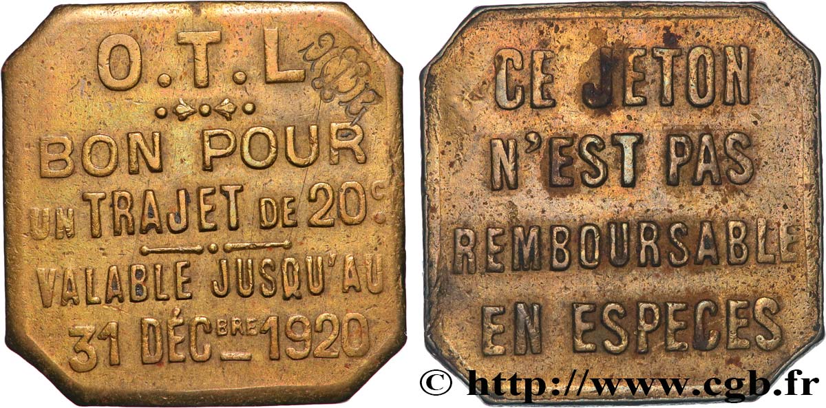 TRANSPORTS (TRAINS, BUS, TRAMWAYS, BATEAUX...) 20 Centimes - Trajet O.T.L (Omnibus Tramways de Lyon) TTB