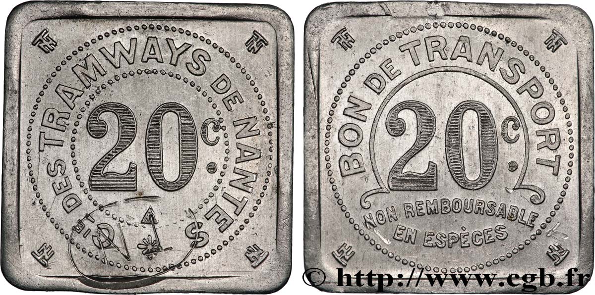 TRANSPORTS (TRAINS, BUS, TRAMWAYS, BATEAUX...) 20 Centimes-  Compagnie de Tramways de Nantes SUP