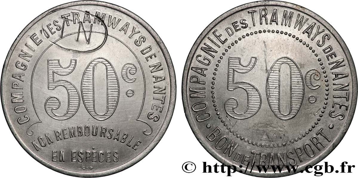 TRANSPORTS (TRAINS, BUS, TRAMWAYS, BATEAUX...) 50 Centimes-  Compagnie de Tramways de Nantes AU