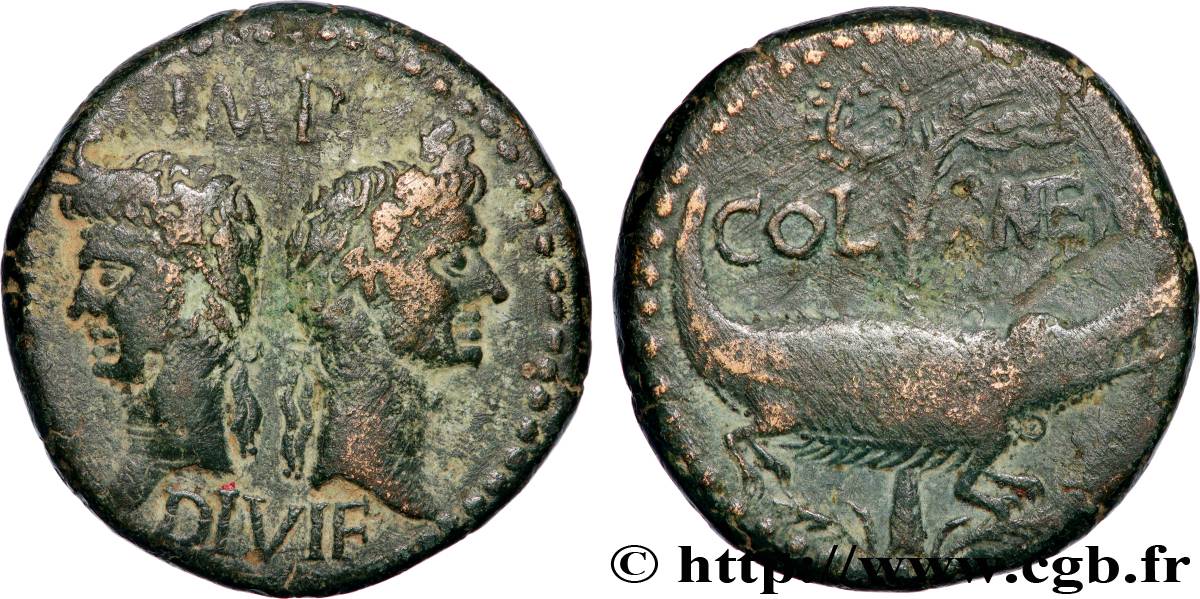 AUGUSTUS and AGRIPPA Dupondius COL NEM (as) XF