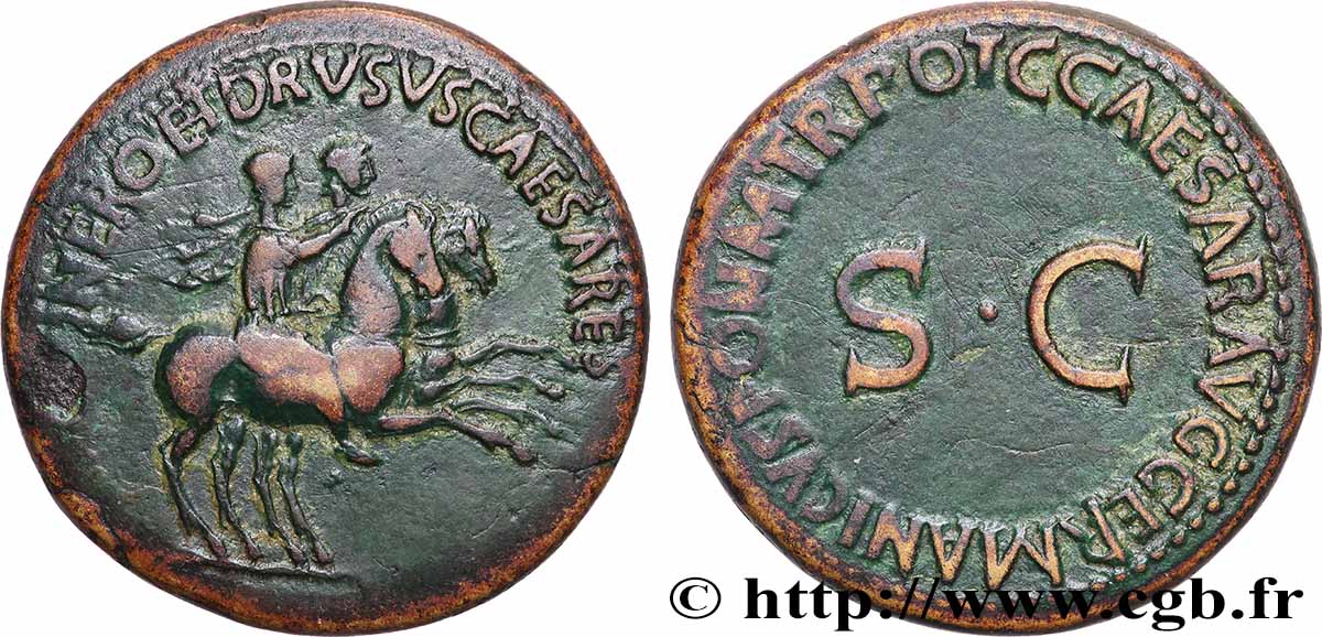 NÉRON ET DRUSUS CÉSARS  Dupondius TB+/TTB