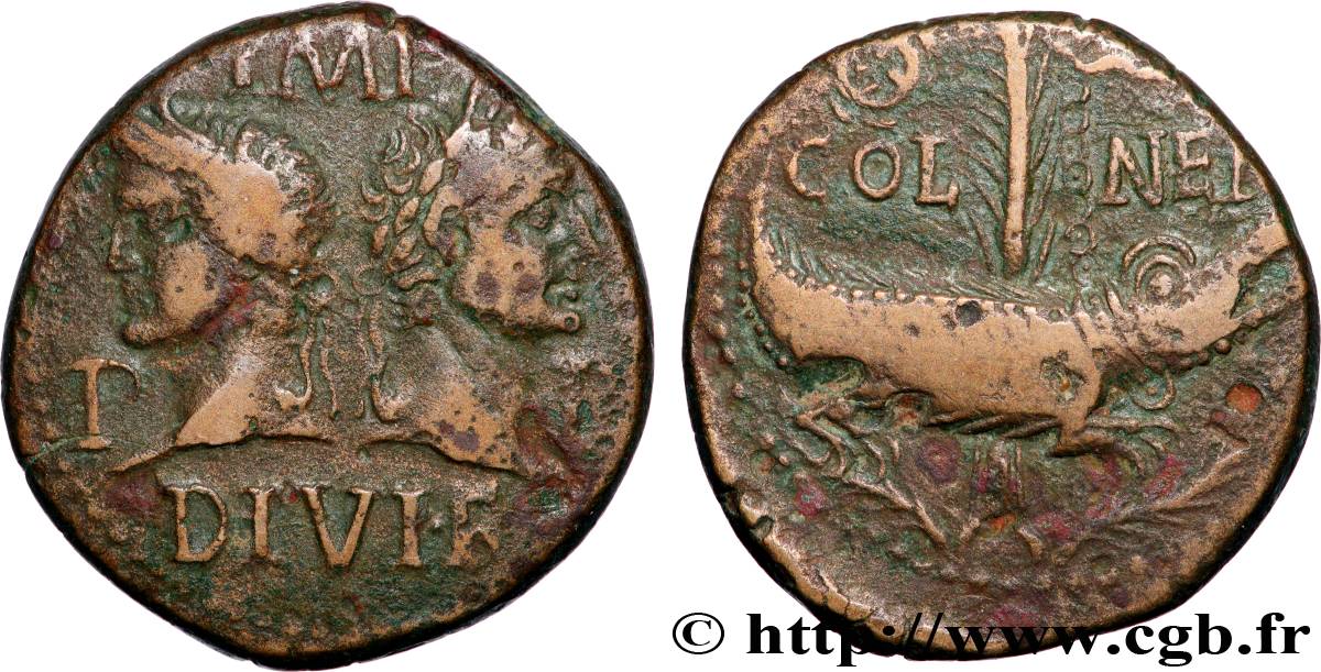 NEMAUSUS - NÎMES - AUGUSTE et AGRIPPA Dupondius COL NEM (as) TTB