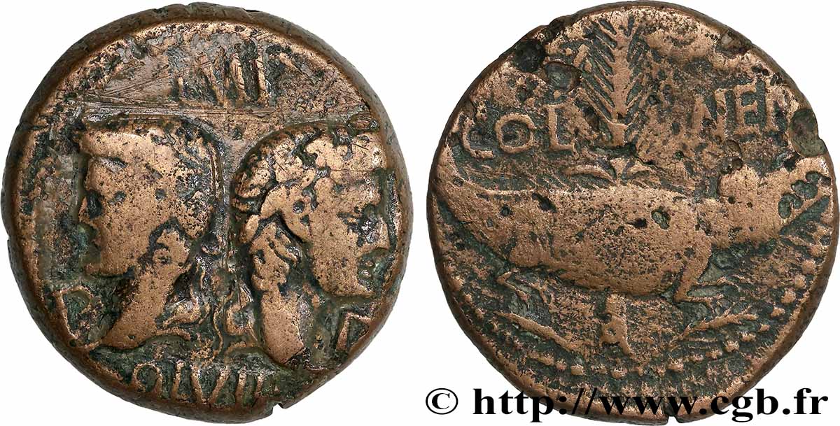 NEMAUSUS - NIMES - AUGUSTUS and AGRIPPA Dupondius COL NEM (as) VF