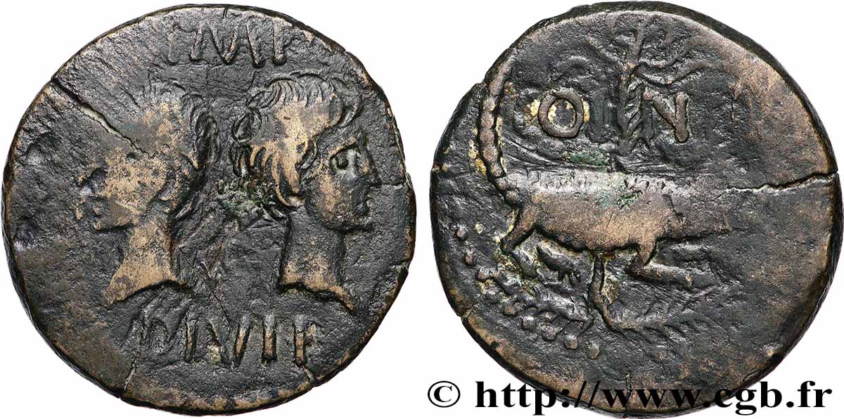 NEMAUSUS - NIMES - AUGUSTUS and AGRIPPA Dupondius COL NEM (as) VF