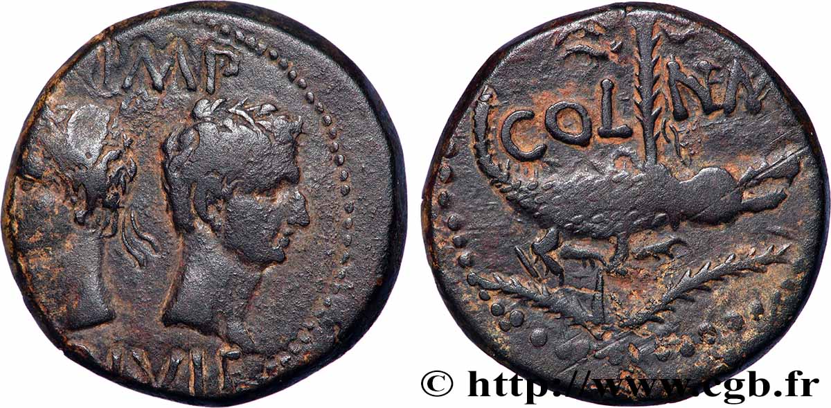 NEMAUSUS - NIMES - AUGUSTUS and AGRIPPA Dupondius COL NEM (as) XF
